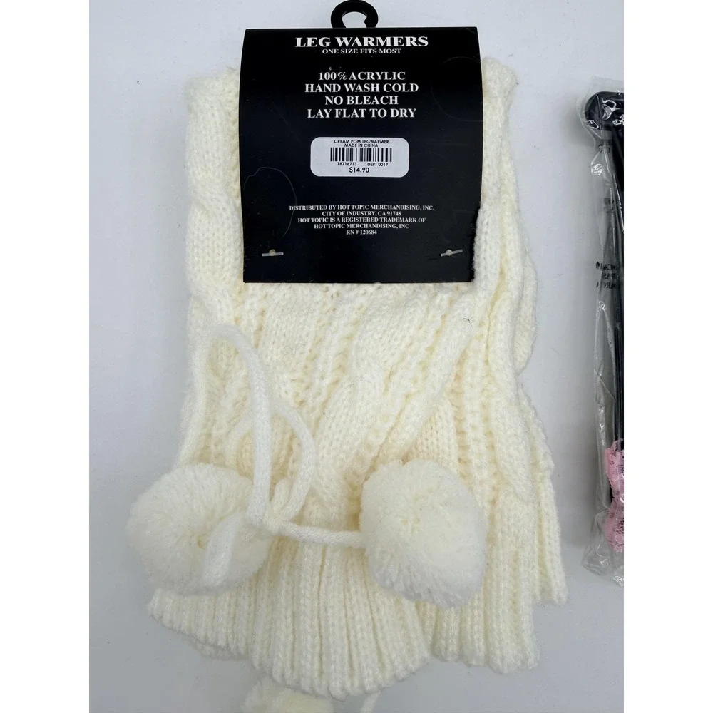 Hot Topic Leg Warmers Thigh Highs Womens One Size Multicolor Cable Knit Pom Set